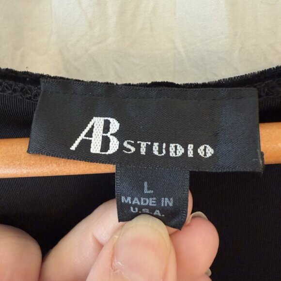 AB Studio Black Velvet Midi Dress Size L Satin Sash 3/4 Sleeve V-Neck Holiday - Picture 4 of 12